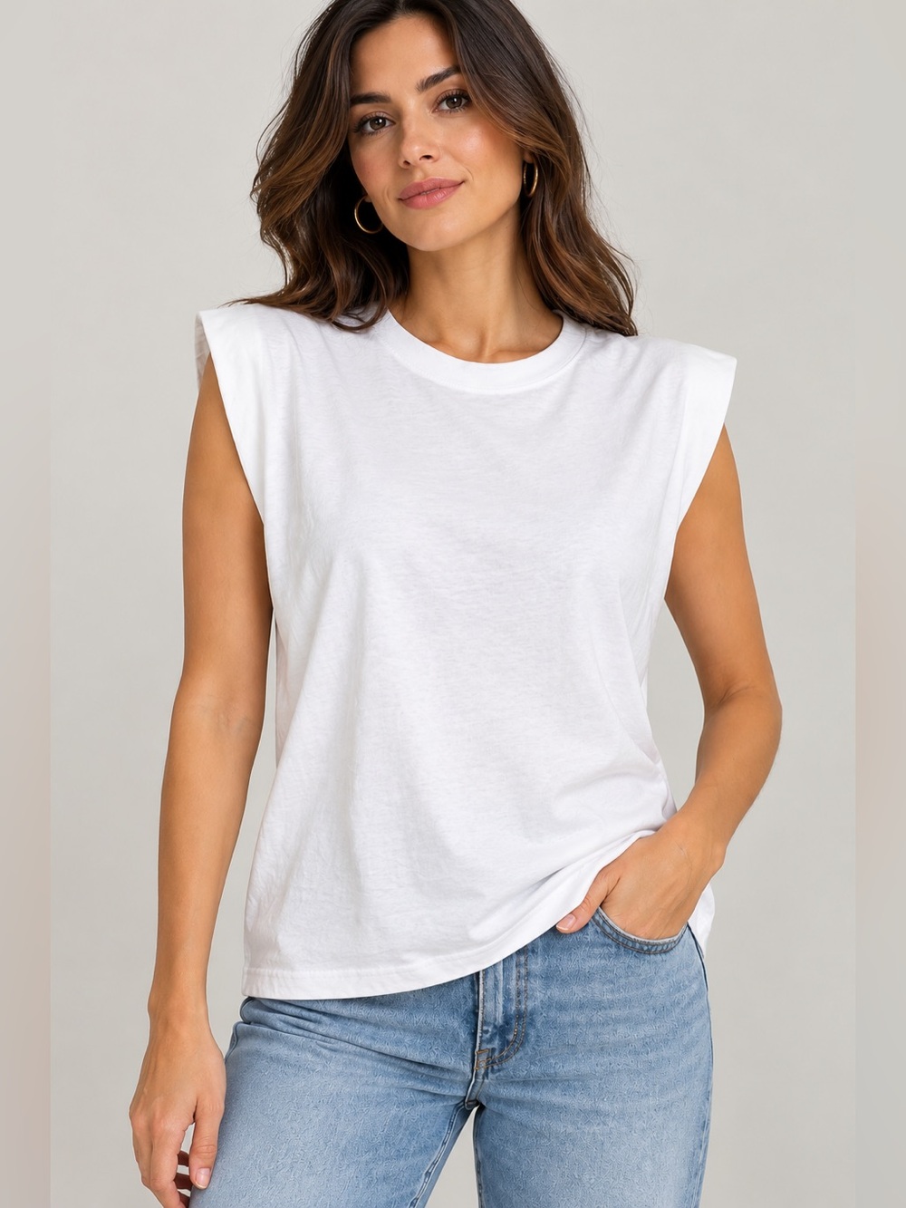 ZARA White Padded Shoulder Sleeveless Crew Neck Top